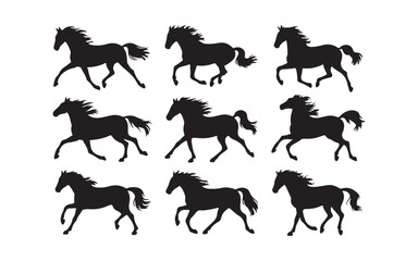 Black and White Horse Silhouettes in Various Poses