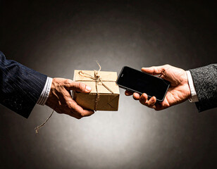Online Transaction: Secure exchange of a small gift package and smartphone between two businesspeople, representing secure online transactions and e-commerce.