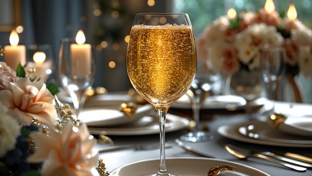 Sparkling Wine in Glass on Elegant Festive Table with Candles