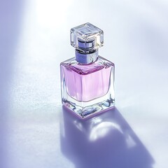 Elegant perfume bottle on a gradient backdrop with refracted light and shadow