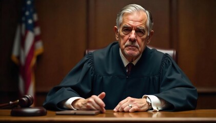 A stern-faced judge sits on the bench, gavel resting nearby, overseeing a courtroom scene The focus is on the judge's area and the overall atmosphere of justice , law, evidence