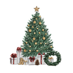 Festive christmas tree with gifts transparent background digital illustration cozy atmosphere eye-level view holiday spirit