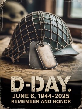 A military helmet with dog tags on a map commemorating d day june sixth nineteen forty four for social media, web, and mobile event graphic.