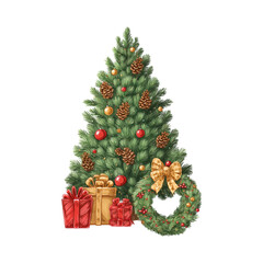 Festive christmas tree with gifts and wreath transparent background holiday scene cheerful atmosphere