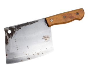 Top View of Heavy Meat Cleaver with Patina Blade and Wooden Grip, Isolated on White