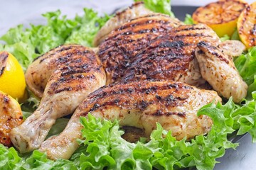 Spatchcocked grilled chicken with lemon garlic marinade on lettuce with lemon, horizontal closeup