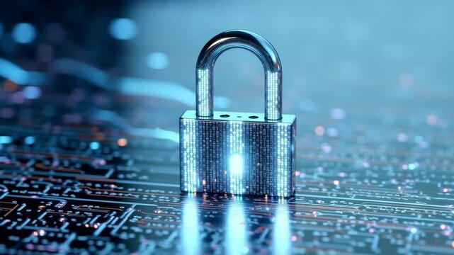 Digital Padlock on Circuit Board Representing Cybersecurity