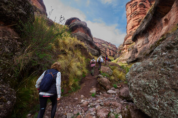 Naklejka premium hiking the breathtaking Tinajani Canyon in Puno—where nature's raw beauty and towering rock formations leave us speechless. Every step here feels like a journey through time.