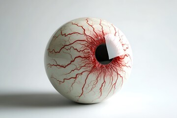 Close up of an eyeball with red veins against a white background in a studio setting with lighting