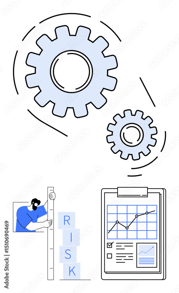 Aufkleber gears rotating, worker balancing risk blocks, and clipboard with graph and data. ideal for strategy,