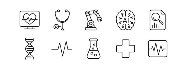 Healthcare and ai outline icon set - medical, laboratory, technology symbols