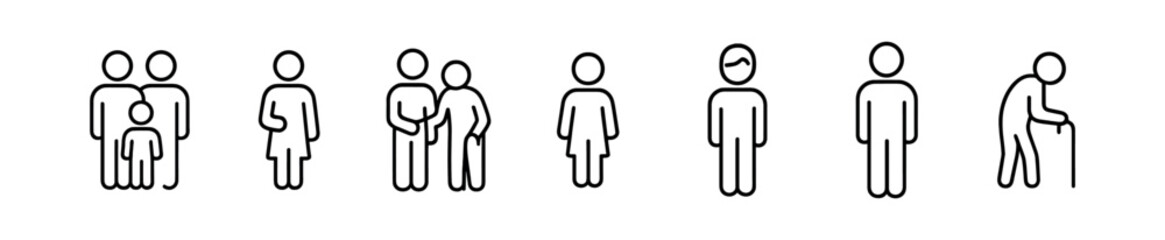 Family silhouette icon set - line icons for parents, children, and elderly care