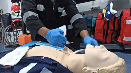 First aid cardiopulmonary resuscitation course using automated external defibrillator device, AED.