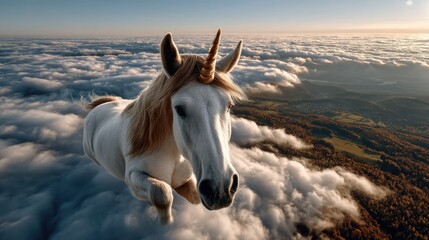 White unicorn horse floating on clouds