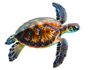 Top View of Green Sea Turtle Gliding Underwater, Isolated on Transparent Background