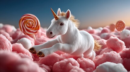 White unicorn on pink cotton candy clouds