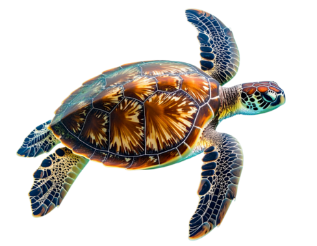 Top View of Green Sea Turtle Gliding Underwater, Isolated on Transparent Background