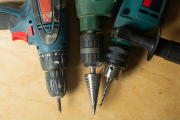 Different types of drills close up.