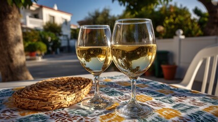 White wine glasses outdoor setting