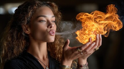 Woman blowing fire performance