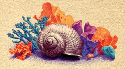 Colorful Seashell Surrounded by Vibrant Coral and Marine Flora on Textured Background