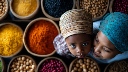 Afrikanische Familie mit Kind zwischen bunten Gewürzen und Hülsenfrüchten auf dem Markt
