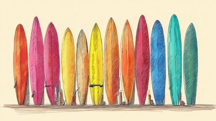 Vibrant Array of Colorful Surfboards Lined Against a Neutral Background with Detailed Illustrative Style