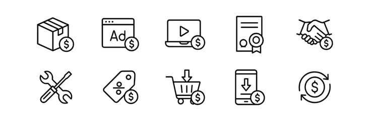 E-commerce finance icon set - outline, online transaction and shopping symbols