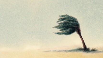Wind-Swept Tree in Desert Landscape Under Soft Blue Sky with Textured Sand and Warm Earthy Tones