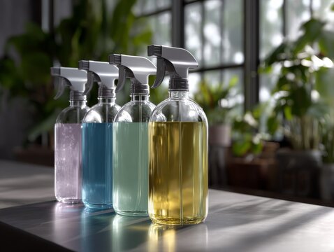 Colorful array of eco-friendly cleaning products including hand soap, sanitizer, and dish soap dispensers.