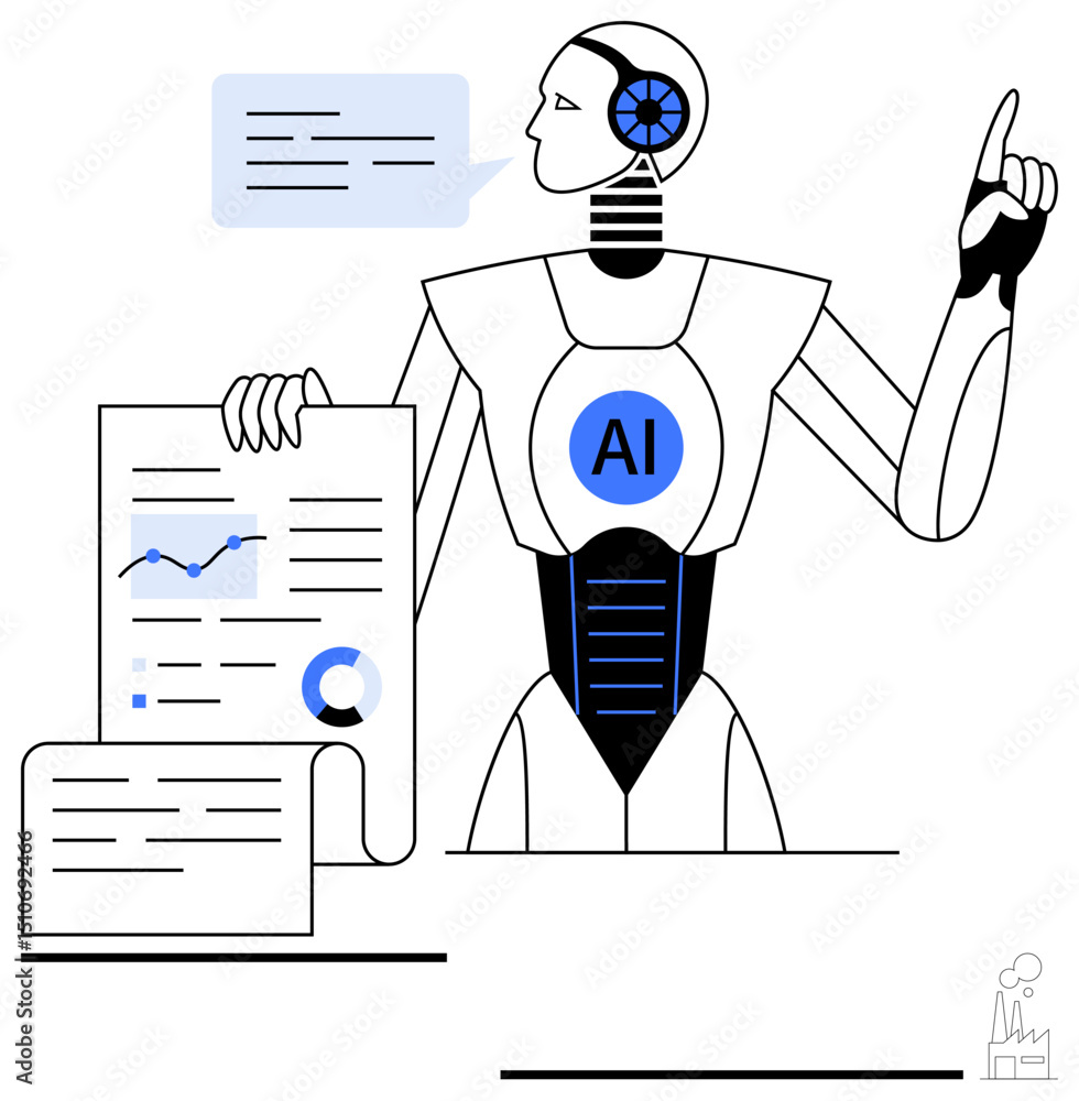 Poster robot presenting data with charts, analytics, and speech bubble. ideal for artificial intelligence, 