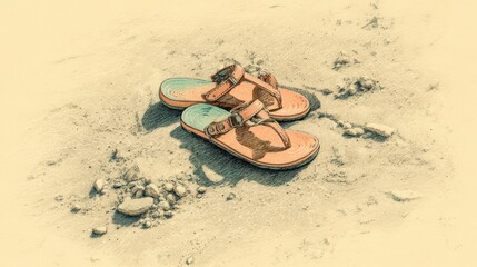 Pair of Bright Colorful Sandals on Sandy Beach Surface under Warm Sunlight