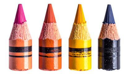 realistic melted crayon tips set of four, colorful sharpened wax sticks in pink orange yellow and blue, photography style on isolated background
