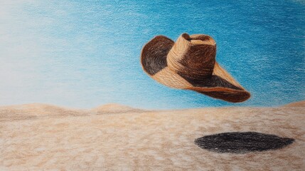 Floating Straw Hat Above Desert Landscape with Blue Sky and Sand Dunes in Background