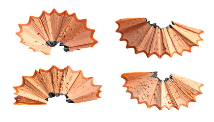 realistic pencil shavings set of four, sharp wood curl textures with graphite dust fragments in natural shape, on isolated background 