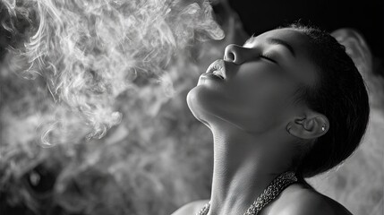 Woman exhaling smoke black and white