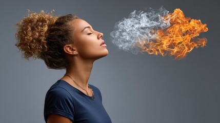 Woman exhaling smoke and fire