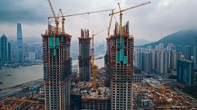 Aerial view of a bustling construction site with skyscrapers under development against a city skyline