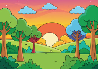 Fototapeta premium Sunset landscape cartoon illustration transparent background