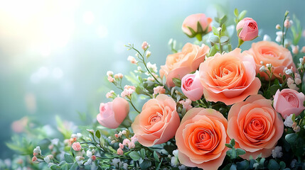 Fototapeta premium Peach and pink roses in full bloom with green foliage and soft focus
