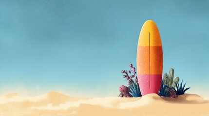 Vibrant Surfboard Standout Against a Blue Sky and Sandy Beach with Tropical Plants