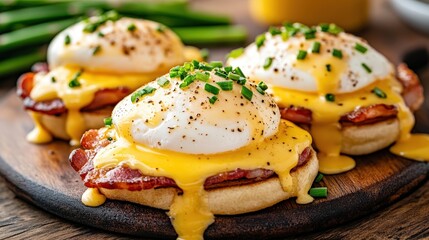 Delicious eggs benedict with bacon and chives on wooden cutting board