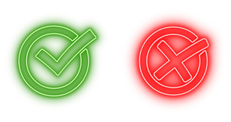 Glowing Neon checkmark and cross icon isolated on transparent background, approval and rejection symbols, yes and no icon