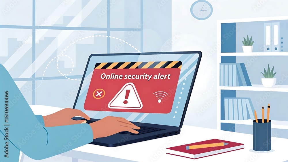 Poster online security alert displayed on a laptop screen representing cyber threats and potential risks in