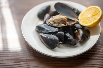 stuffed rice mussels on plate in close-up