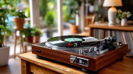 Wooden record player on table