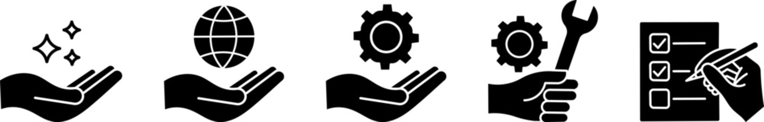 Hand Support Solid Icon Collection — Featuring service, globe, settings, tools, interface and action gesture icons. Editable Glyph Vector Pack.