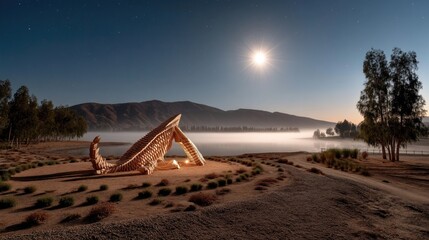 Wooden structure by lakeside at night
