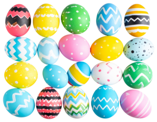 Top View of Painted Easter Eggs in Artistic Doodle Patterns, Scattered Style, Transparent Background