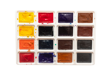 Watercolor paint palette with vibrant colors arranged in a grid, showcasing various hues and textures, ideal for artistic projects and creative expression